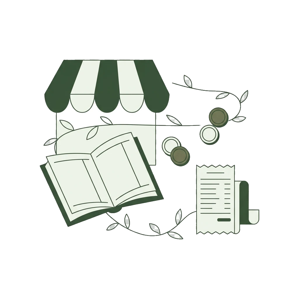 Illustration of a storefront with an open ledger, coins, and receipts in sage green tones