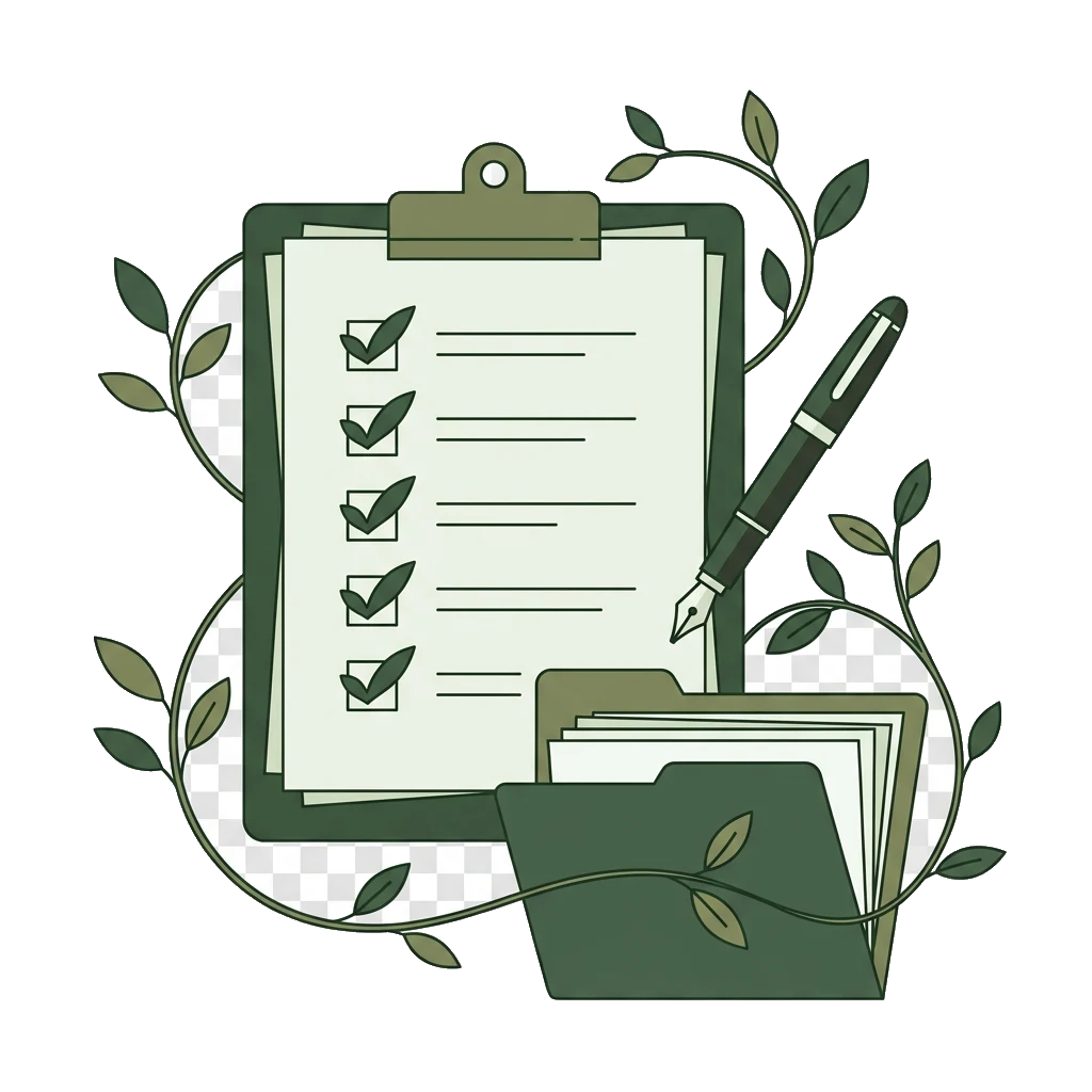 Illustration of a clipboard with a checklist of leaf-shaped checkmarks, a fountain pen, and tidy folders, in sage green tones