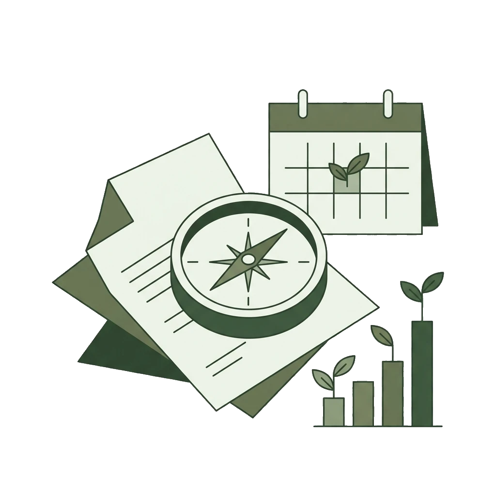Illustration of a compass resting on documents, a calendar, and bar charts growing like plants, in sage green tones