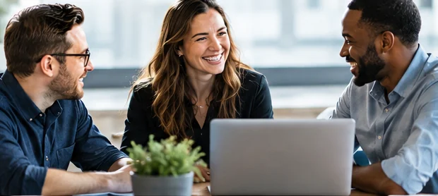 Three colleagues laughing together around a laptop