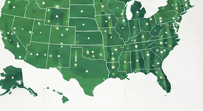 A green map of the United States marked with client locations